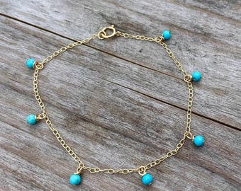 9 Karat Solid Gold Fußkettchen mit Türkis Perlen, Dezember Geburtsstein