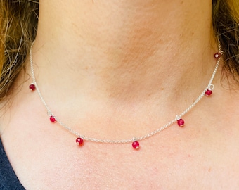Ruby Sterling Silver Necklace: Faceted Gemstone July Birthstone