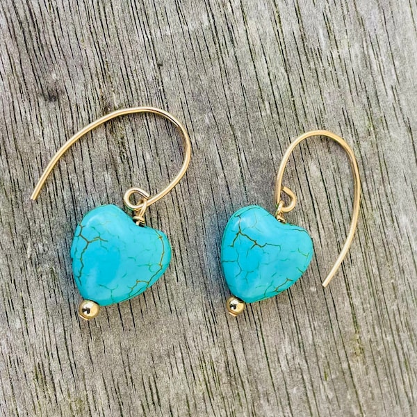 14K Gold Turquoise Heart Drop Earrings