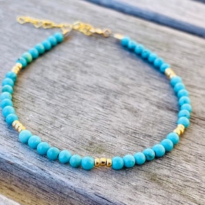 Turquoise Gold Bead  Bracelet, Tiny Turquoise Gemstone  and Gold Seed Bead Bracelet with 14K Gold Clasp