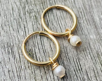 9ct Gold Small Hoop Earrings with Freshwater Pearl Drops, 12mm 9K Gold Hoops with Tiny Freshwater Pearl Charms