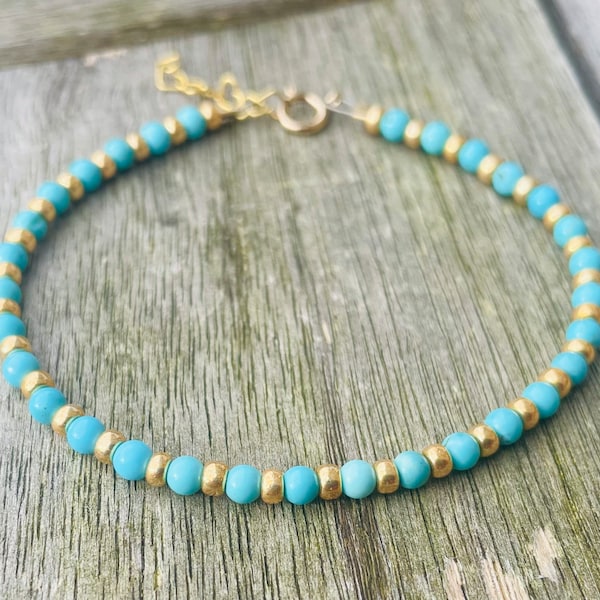 Turquoise Bracelet with Gold Beads and Gold Heart Extension Chain, Boho Turquoise Beaded Bracelet