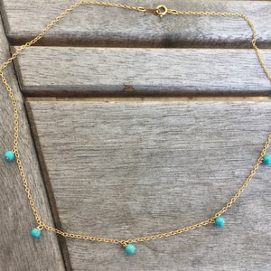 14K Gold Dainty Necklace with Tiny Turquoise Bead Charms, Gifts for Her, Boho Jewellery, Solid 9ct Gold