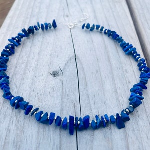 Lapis Lazuli Chip and Silver Bead Choker Necklace, Beaded Lapis Lazuli Chips  Choker Necklace