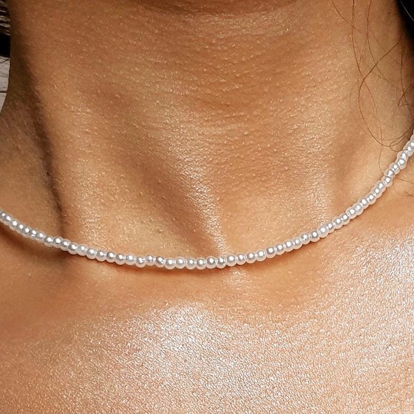 Tiny Pearl Choker Necklace, Grade A Ivory Pearl Choker Necklace