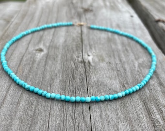 14K Gold Tiny Turquoise Beaded Necklace: 3mm Gemstone Layering Necklace