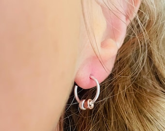 Sterling Silver Hoop Earrings: 14K Rose Gold and Silver Rondelle Charm, Thin Sleeper Style