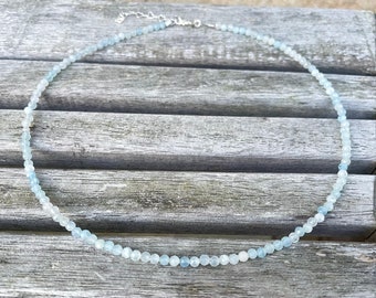 Aquamarine Beaded Choker Necklace, Tiny Faceted Aquamarine Gemstone Beaded Choker Necklace