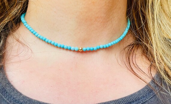 9ct Gold Tiny Turquoise Beaded Necklace Genuine Turquoise