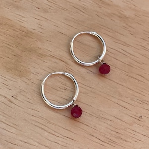 Boho Ruby Hoop Earrings: Sterling Silver Gemstone Hoops