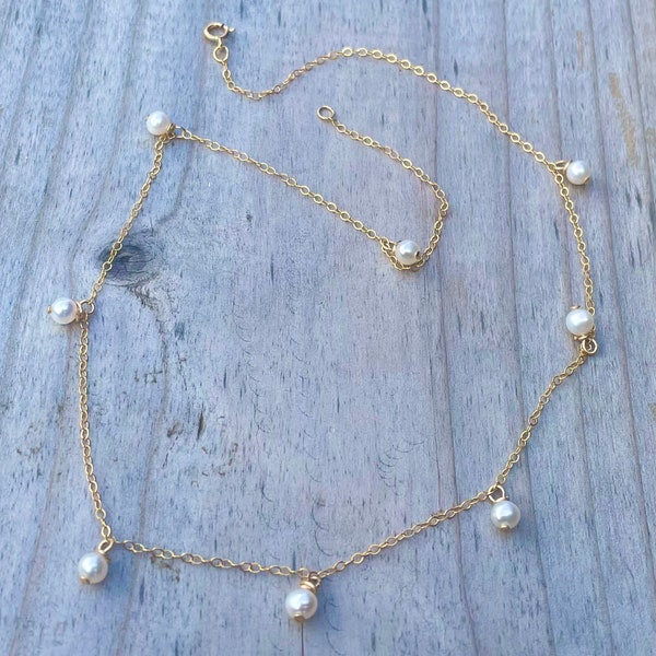 18ct Solid Gold Necklace with Ivory Freshwater Pearl Drops, Pearl Layering 18ct Gold Necklace