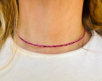 9ct Gold Tiny Ruby Choker Necklace, Faceted Rubies, Birthstone Jewellery