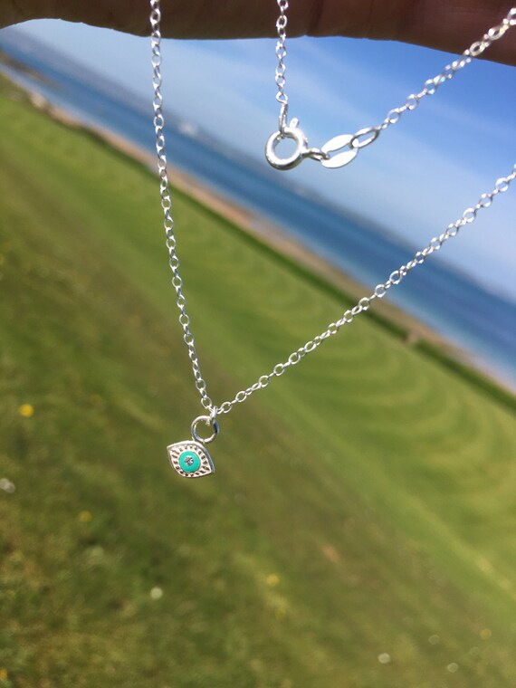 Sterling Silver Evil Eye Necklace: Turquoise Enamel Crystal