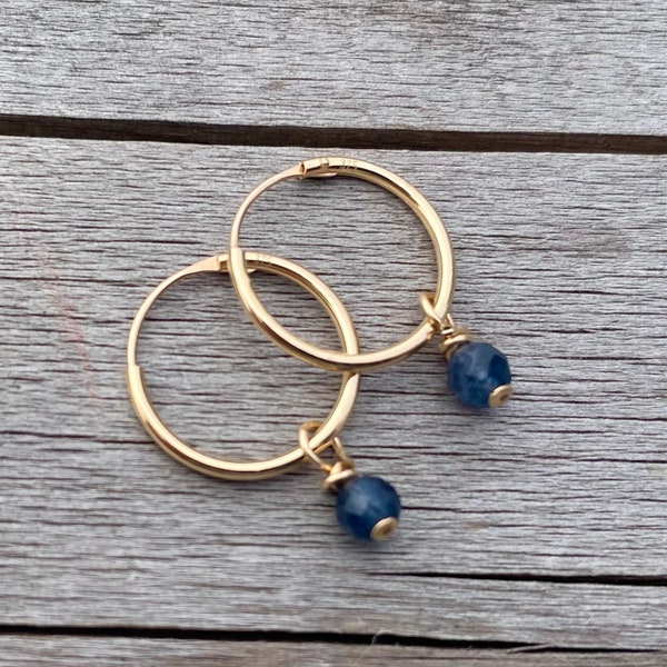 Sapphire 9ct Small Gold Hoop Earrings, 13mm 9ct Gold Hoops with Faceted Sapphire Gemstones