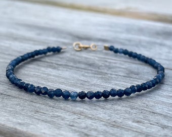 Tiny Sapphire Bracelet, Sapphire gemstone bead bracelet, 14K Gold Clasp, September Birthstone
