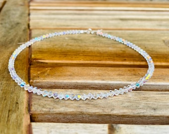 Crystals By Swarovski Choker Necklace: 3mm Clear AB Bicone , Sterling Silver Heart Extension