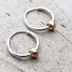 Silver Hoops 9ct Gold Rondelle Charms, 12mm Sterling Silver Hoop Earrings with 9ct Solid Gold Rondelles