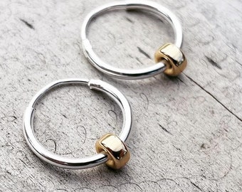 Silver Hoops 14K Gold Rondelle Charms, Small 12mm Sterling Silver Hoop Earrings with 14K Gold Filled Rondelles, 16mm Sterling Silver Hoops,