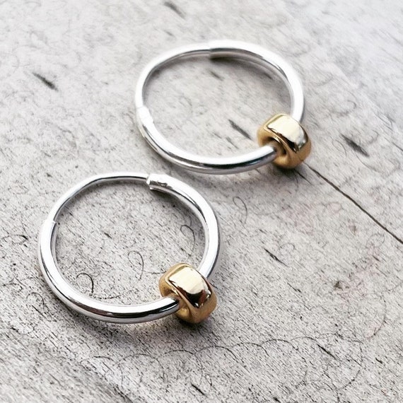 Silver Hoops 14K Gold Rondelle Charms, Small 12mm Sterling Silver Hoop Earrings with 14K Gold Filled Rondelles, 16mm Sterling Silver Hoops,