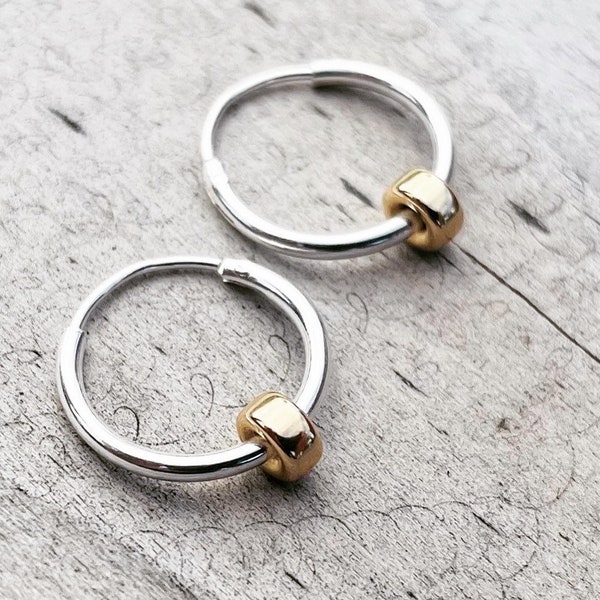 Sterling Silver Hoop Earrings: 14K Gold Rondelle Charm, Thin Sleeper Style