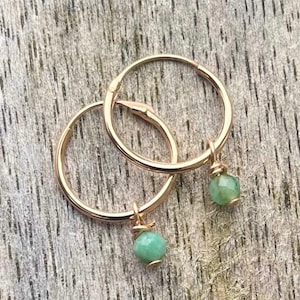 Emerald 9ct Gold Hoop Earrings, 13mm Solid Gold Hoops with Real Faceted Emerald Gemstones, May Birthstone