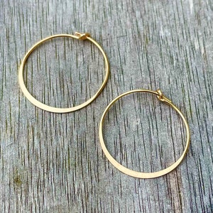 14K Yellow Gold Filled Hammered Flat Edge 20mm Hoop Earrings, 30mm 14k Gold Filled Hoops