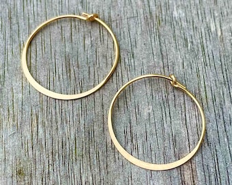 14K Yellow Gold Filled Hammered Flat Edge 20mm Hoop Earrings, 30mm 14k Gold Filled Hoops