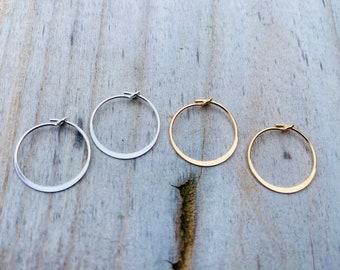 14K Yellow Gold Hammered Flat Edge 15mm Hoop Earrings,  Sterling Silver Small 15mm Hammered Flat Hoops, 14k Gold Filled Hoops Small 15mm