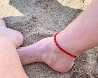 Coral  Beaded Anklet, Small Coral gemstone beads layering sterling silver anklet