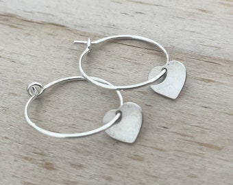 Silver Heart Drop Hoop Earrings, Medium Sized 15mm Sterling Silver Hoop Earrings with Sterling Silver Heart Charms