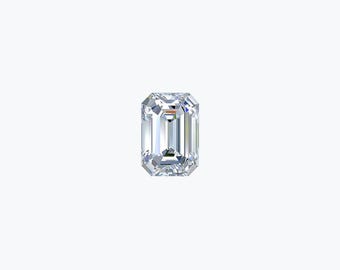 May include: A clear emerald cut diamond gemstone.