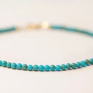 14K Gold Tiny 3mm Turquoise Beaded Bracelet , Turquoise gemstone beads layering   bracelet, 14K Gold Filled Clasp