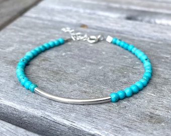 Turquoise Beaded Bracelet: Sterling Silver Bar, December Birthstone