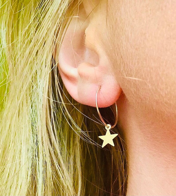14K Gold Hoops With 14K Gold Star Charms Boho Gold Star Hoop Earrings Etsy