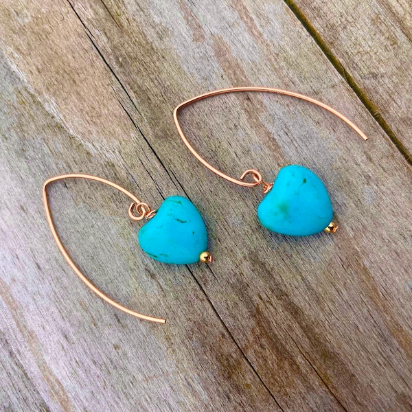 14K Rose Gold Turquoise Heart Drop Earrings