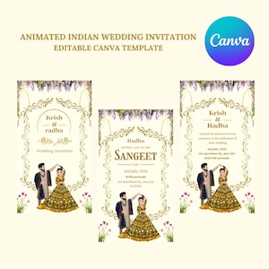 May include: Two wedding invitations with a gold and white design. The invitations feature a couple in traditional Indian clothing dancing. The text on the invitations reads "Krish & Radha" and "Wedding Invitation".