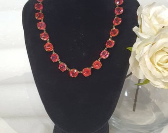 Vintage Art Deco Brass Czech Open Back Cranberry Glass Necklace