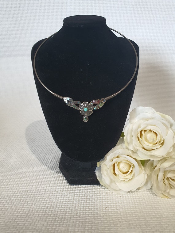 Vintage sterling silver abalone  & turquoise flowe