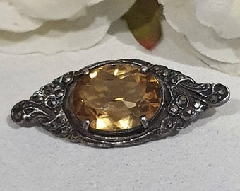 Sterling silver Citrine & Marcasite 1930s Art Deco brooch