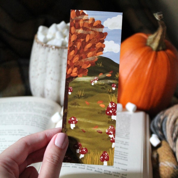 Süßes Lesezeichen "Herbstwald“ in Gouche-Optik | beidseitig bedruckt | Gemütliche Landschaft | Lesezubehör
