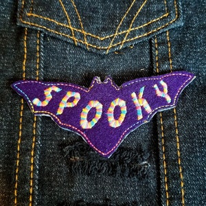 Spooky Bat 4&quot; inch Iron On/Sew On Embroidered Patch on Purple Felt and Multicolor Thread