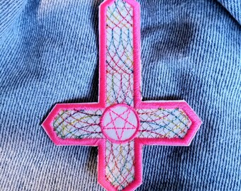 Adorable Inverted Cross 4" inch Iron On/Sew On Embroidered Patch with Silver and Multicolor Thread