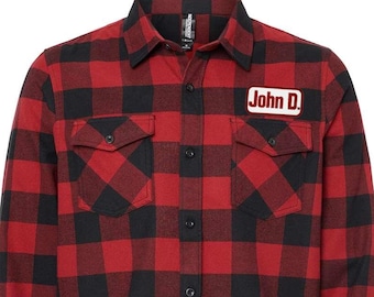 Custom Flannel Shirt With Personalized Embroidered Name Patch, Multiple Colors and Fonts, Long-Sleeve Work or Outdoor Shirt