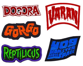 Paquete de parches bordados de Kaiju oscuros: cinco parches termoadhesivos de películas clásicas de monstruos gigantes.