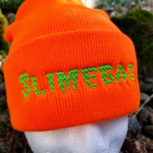 Slimebag Embroidered Beanie, Neon Orange Winter Hat For Punks and Weirdos