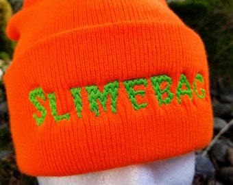 Slimebag Embroidered Beanie, Neon Orange Winter Hat For Punks and Weirdos