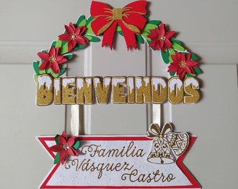 cartel de navidad con corona de bienvenidos para personalizar. cute files temples Studio Svg Silhouette y cricut