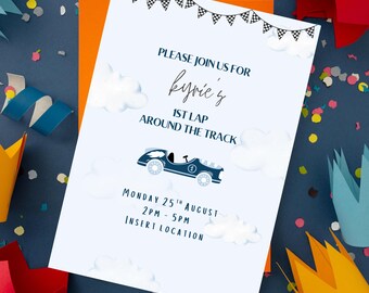May include: A white rectangular invitation card featuring a black and white checkered flag banner, blue clouds, and a dark blue race car graphic. The text reads: PLEASE JOIN US FOR kyrie's 1ST LAP AROUND THE TRACK MONDAY 25TH AUGUST 2PM - 5PM INSERT LOCATION.