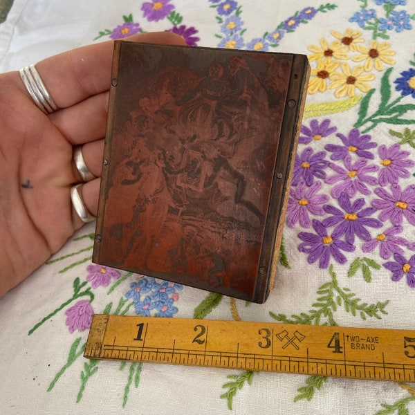 RARE Vintage Antique Letterpress Printing Block Religious Master Scene Angels Cherubs Painting Judgement Gods