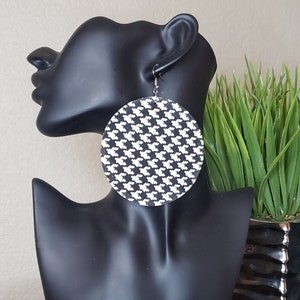 Houndstooth Earrings Designer Print Earrings Large Earrings Cute Earrings Wooden Earrings Fabric Earrings Statement Earrings Big Earrings